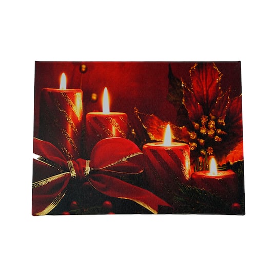 LED Lighted Glitter Striped Candles With Poinsettia & Bow Christmas Wall Art